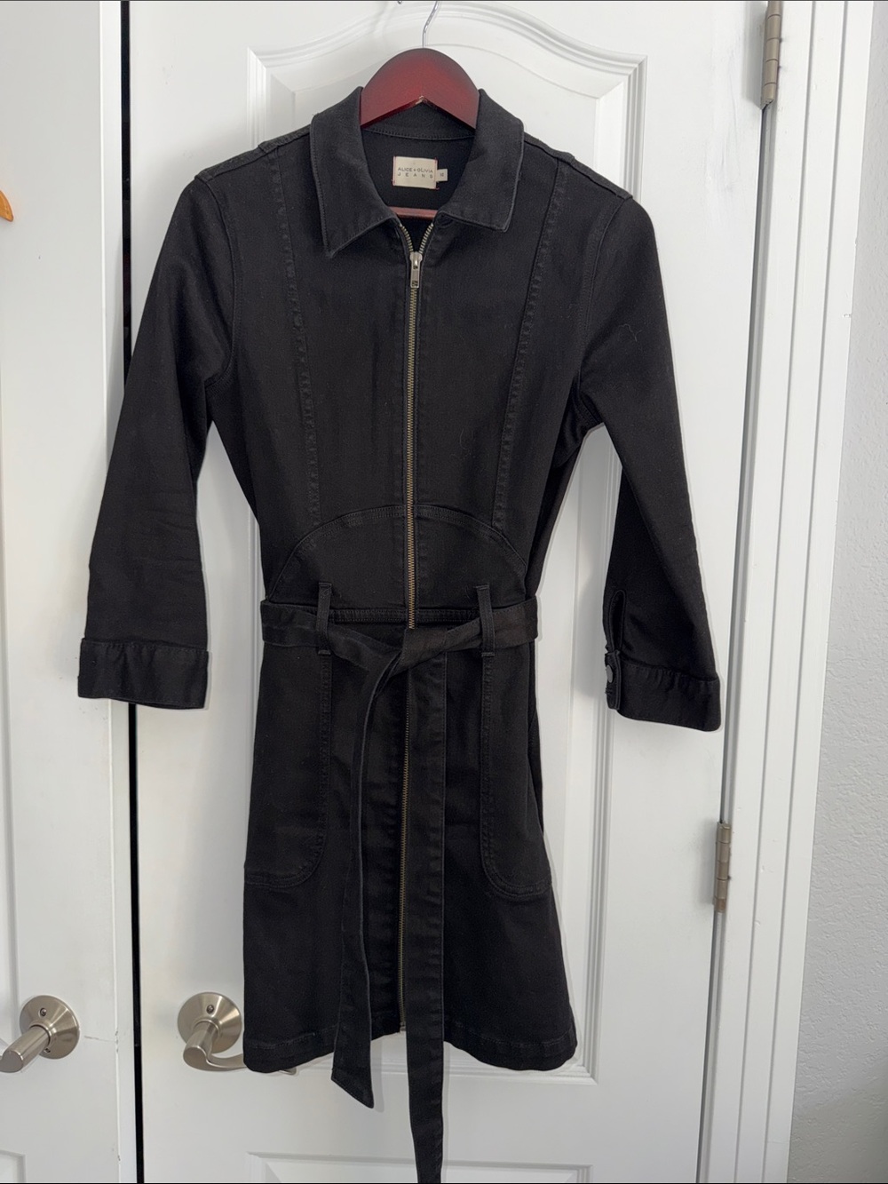Alice and Olivia “Gorgeous” black denim zip up dress